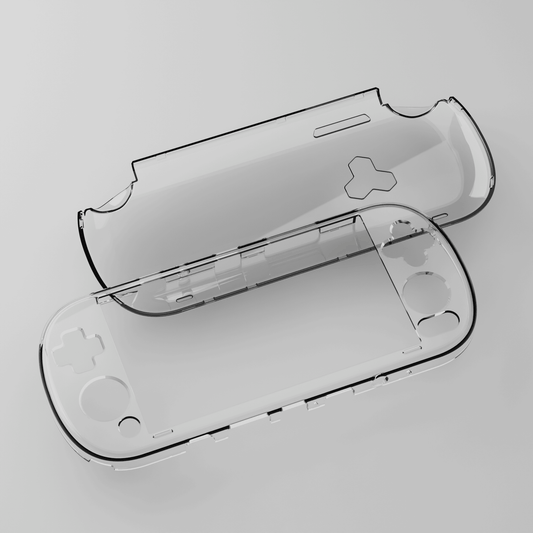 Clear protective case for a handheld gaming device on a light gray background