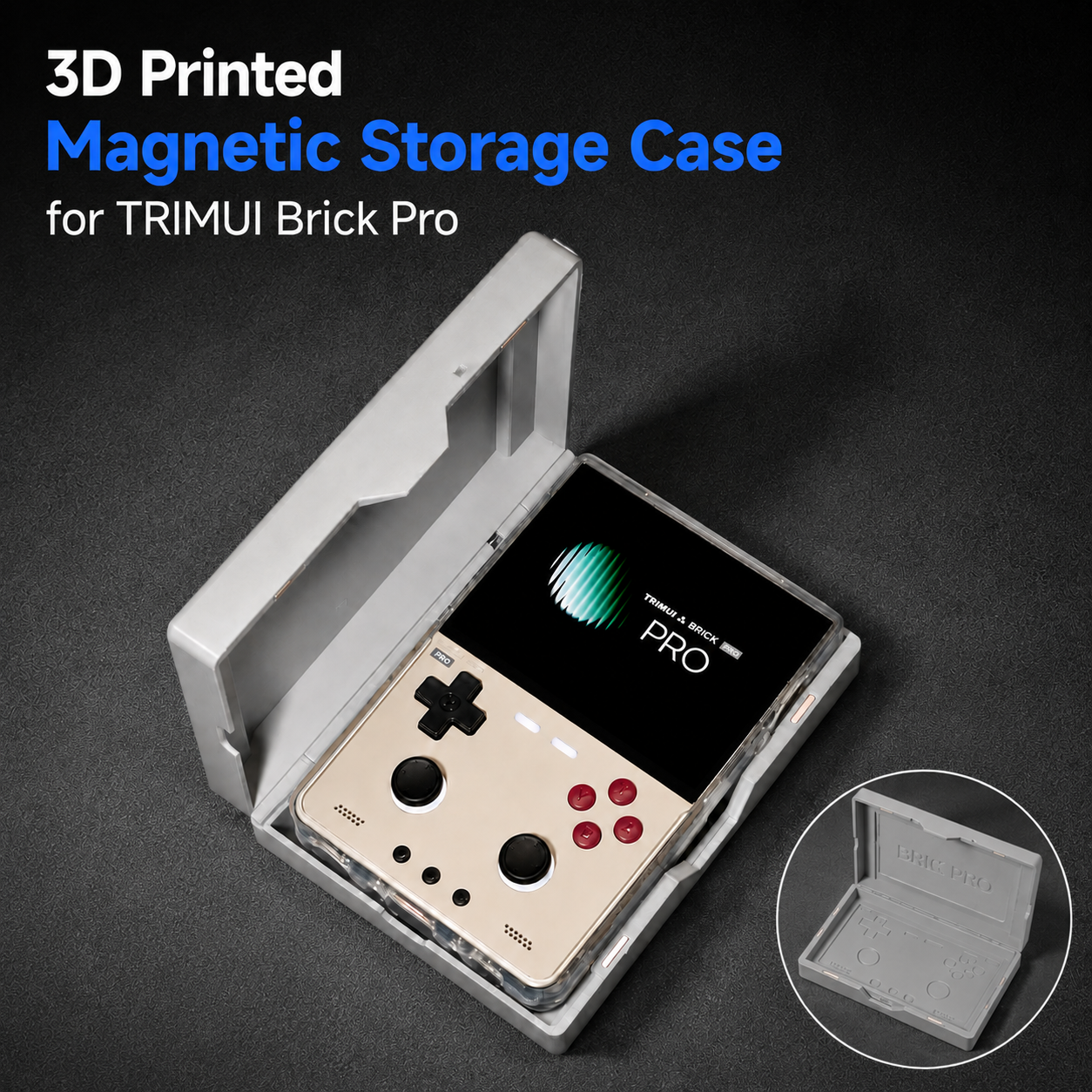 A 3D printed magnetic storage case shown open, holding a retro-style handheld gaming console. Text at the top reads '3D Printed Magnetic Storage Case for TRIMUI Brick Pro,' and a circular inset at bottom right shows the case closed.