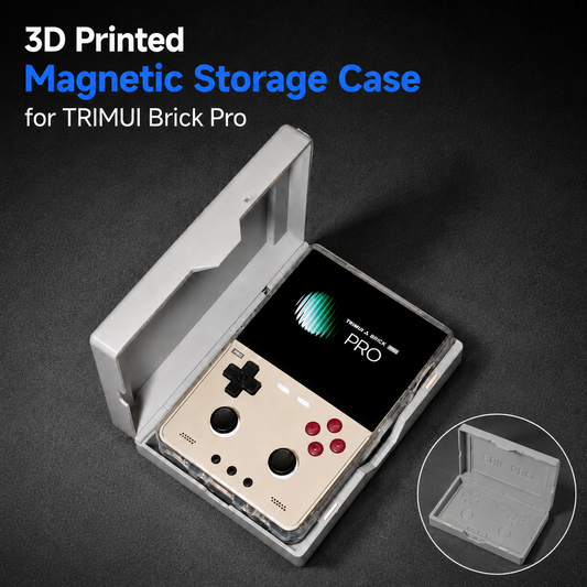 A 3D printed magnetic storage case shown open, holding a retro-style handheld gaming console. Text at the top reads '3D Printed Magnetic Storage Case for TRIMUI Brick Pro,' and a circular inset at bottom right shows the case closed.