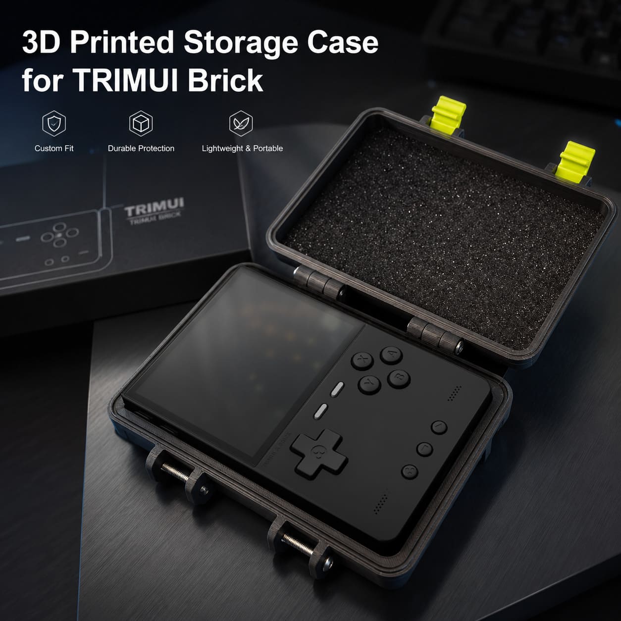 A black 3D-printed protective storage case for a TRIMUI brick, shown open with foam padding inside and a game controller placed on the bottom tray. The case is photographed on a dark tabletop with the product box in the background, plus marketing text at the top.