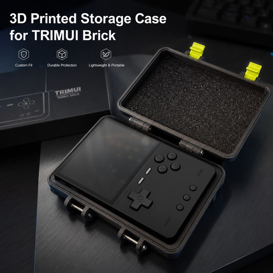 A black 3D-printed protective storage case for a TRIMUI brick, shown open with foam padding inside and a game controller placed on the bottom tray. The case is photographed on a dark tabletop with the product box in the background, plus marketing text at the top.