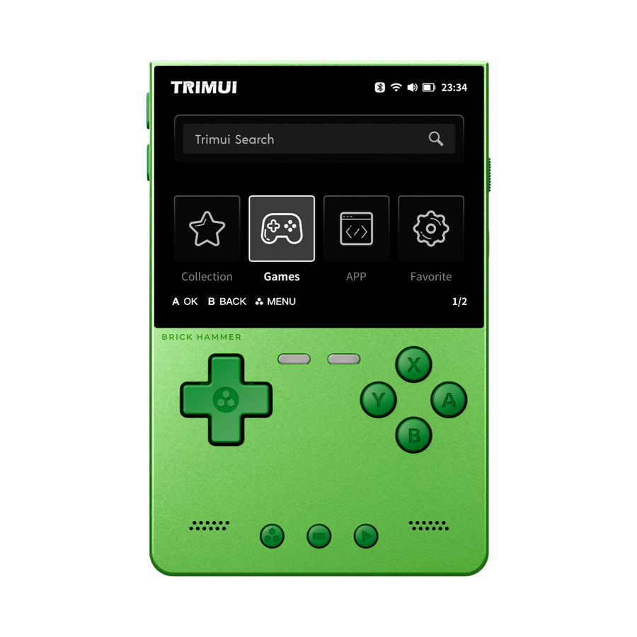 trimui brick hammer green option with a screen displaying a user interface