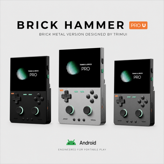 Three handheld gaming consoles with Brick Hammer Pro U on a white background.