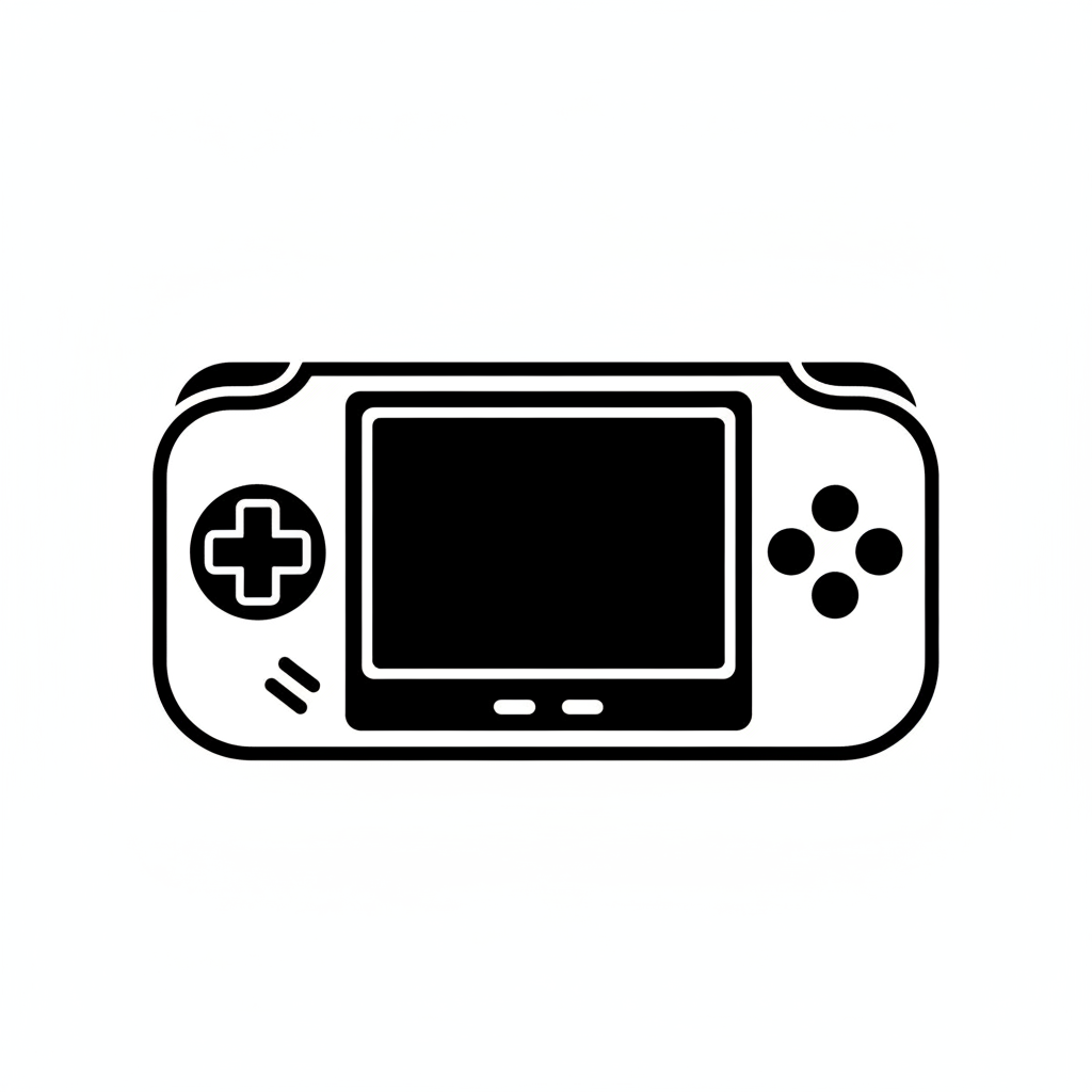 a handheld console icon in black and white background.