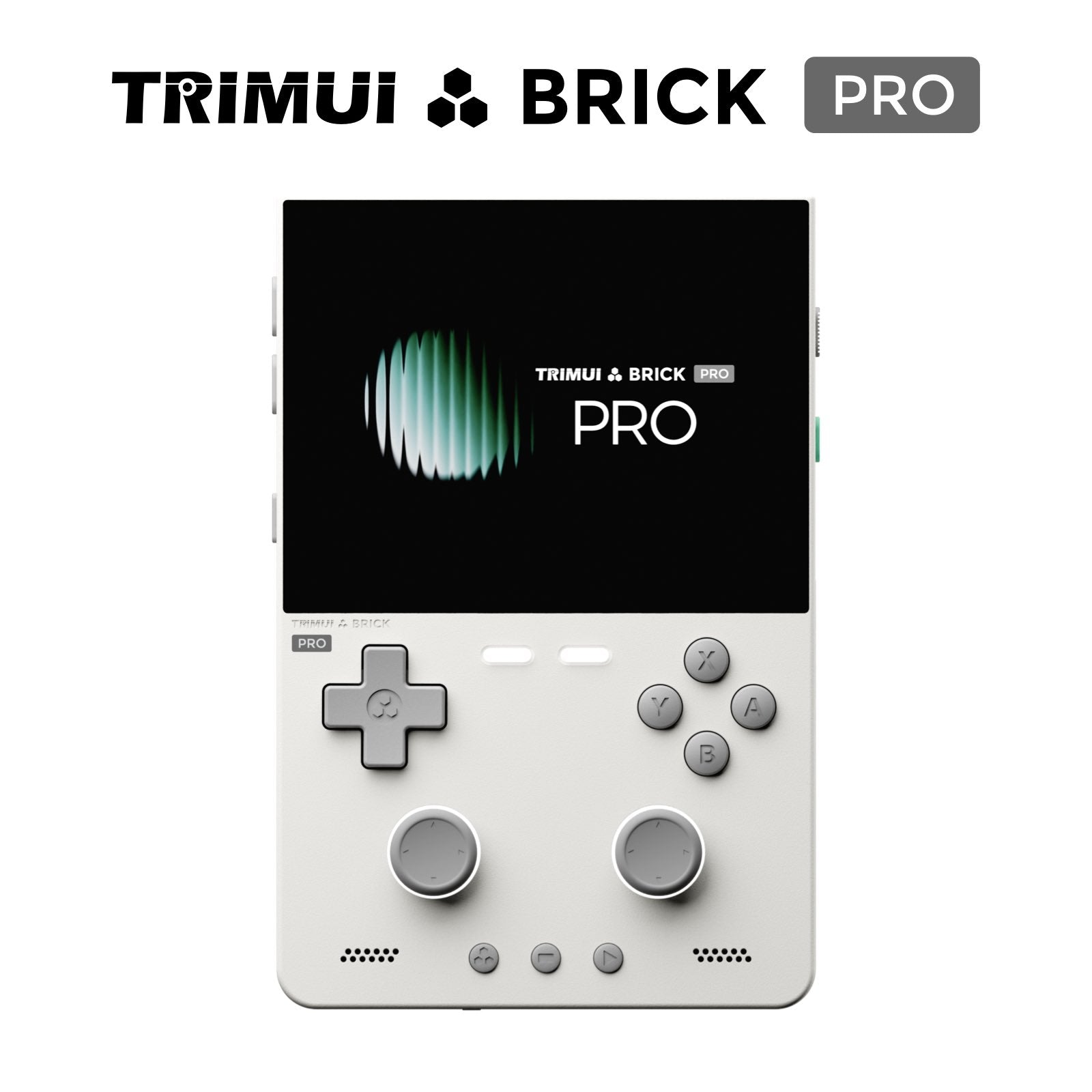 Trimui Brick Pro handheld gaming console shown on a white background with the Trimui Brick Pro logo at the top. The device has a black screen with green and white graphics, a light gray body, a D-pad, four action buttons, two analog sticks, and speaker grilles.