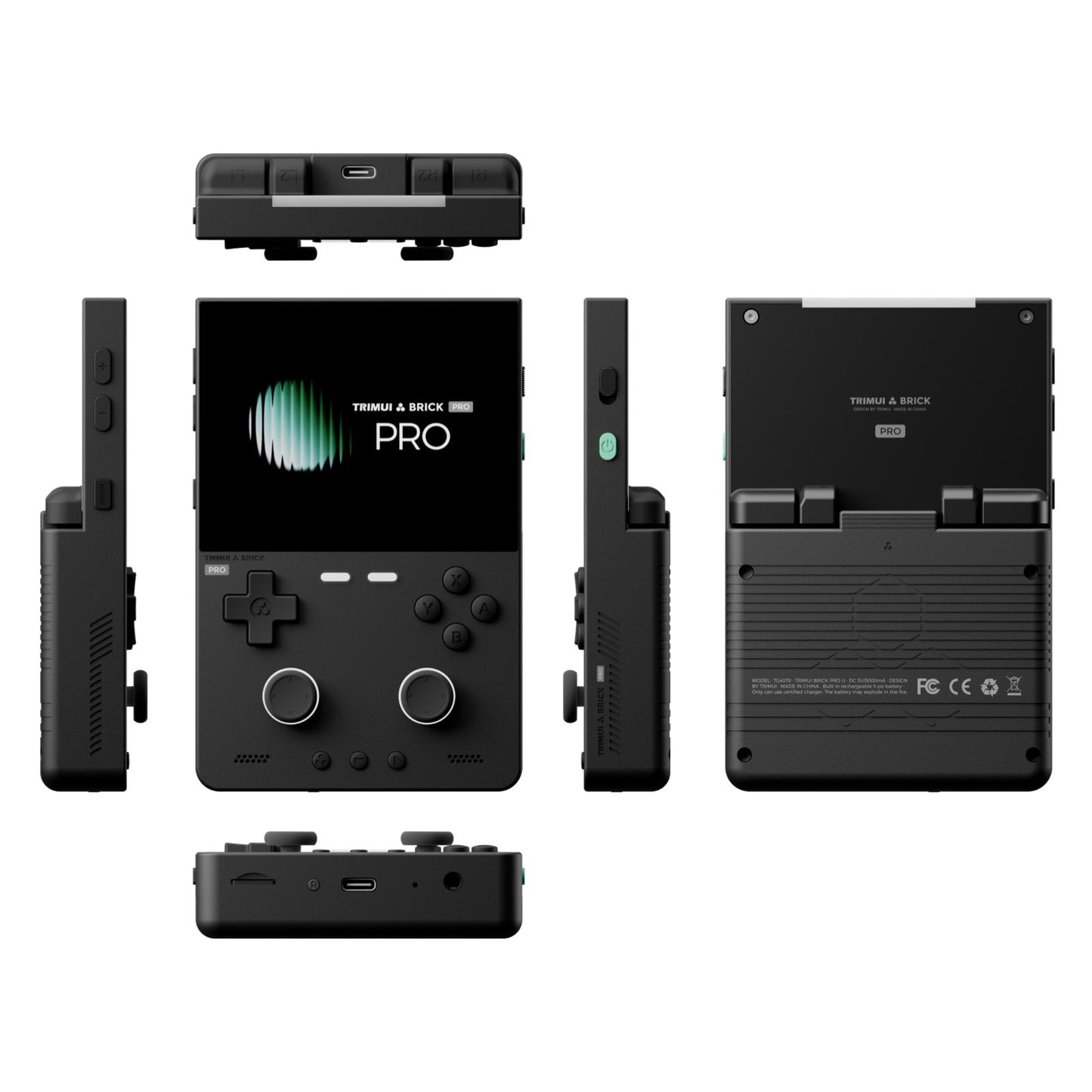 Black Trink & Brick Pro portable gaming device shown from multiple angles on a white background, including front, back, side, and bottom views.