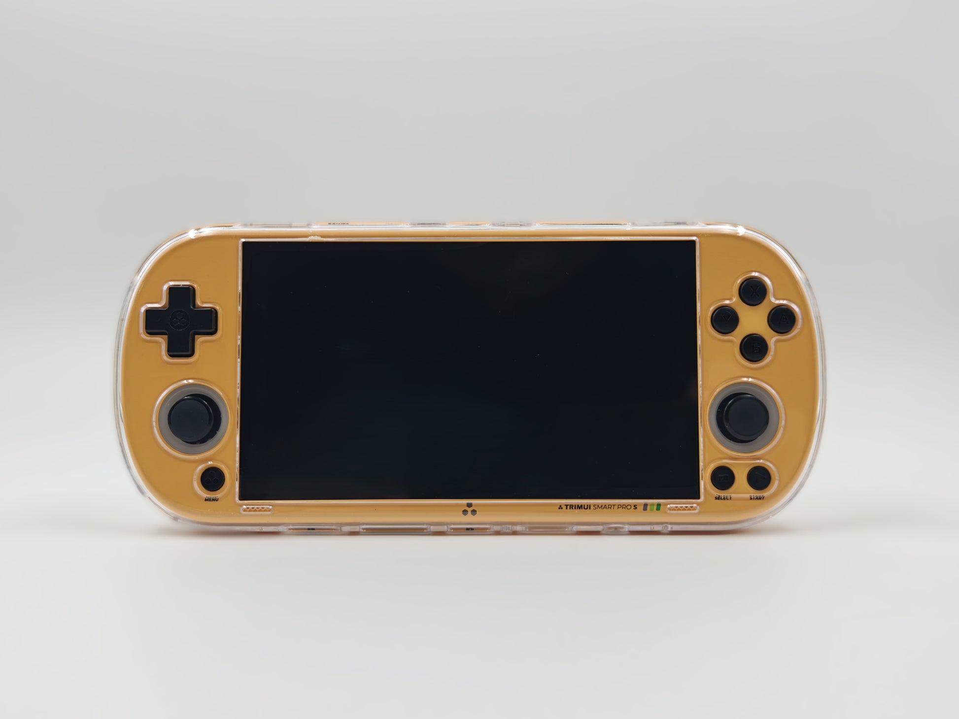 trimui smart pro s Handheld gaming console with casing on a white background