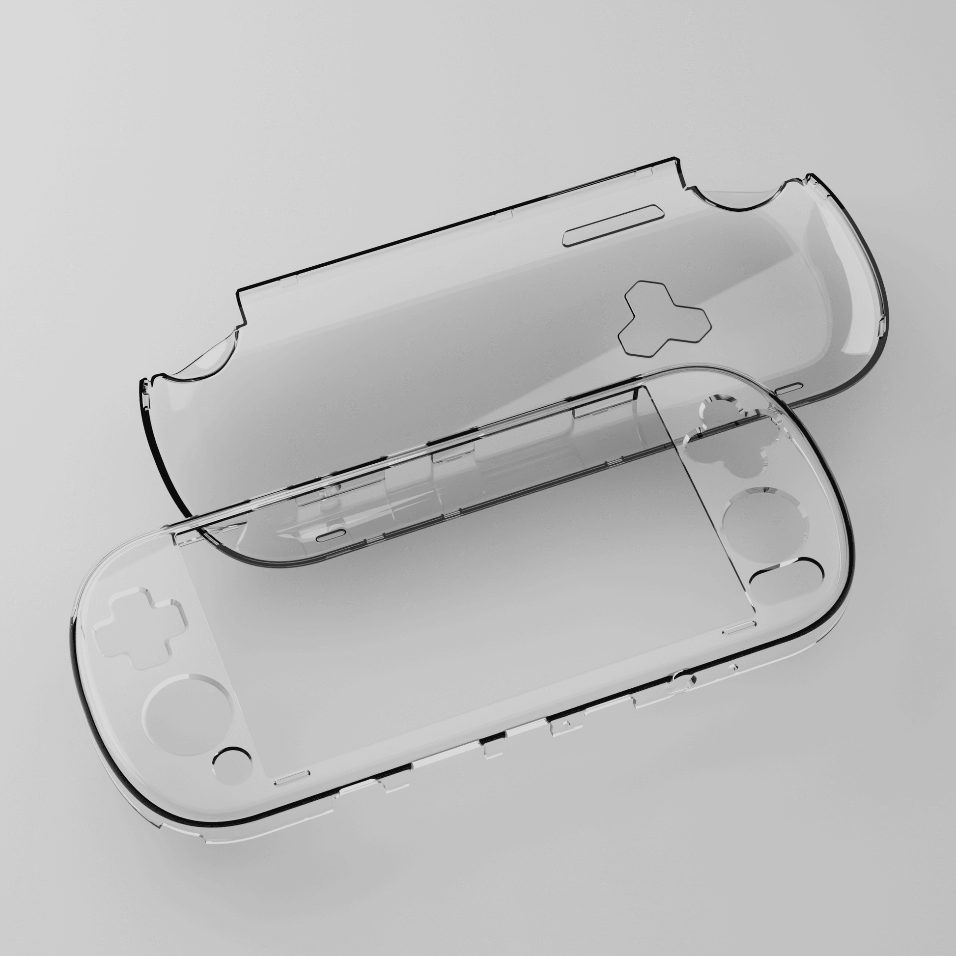 Clear protective case for a handheld gaming device on a light gray background