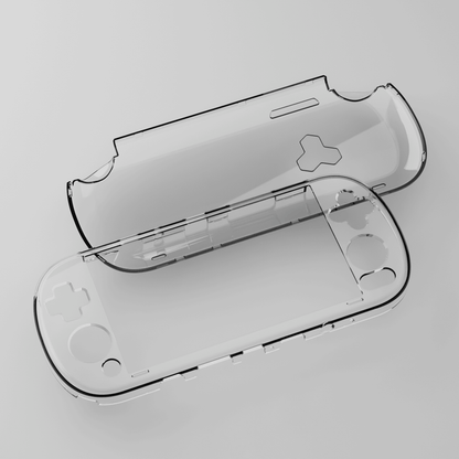 Clear protective case for a handheld gaming device on a light gray background